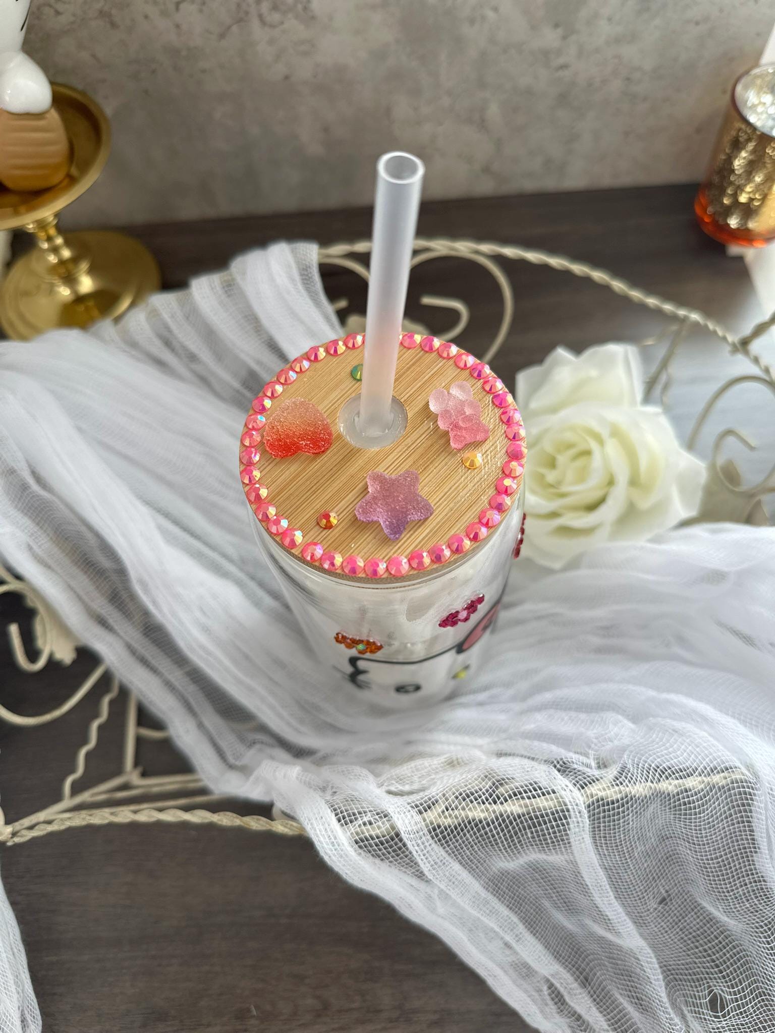 Kawaii Kitty Glass Iced Coffee Cup: Rhinestone Bamboo Lid, Gummy Charms (16oz)