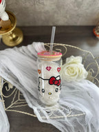Kawaii Kitty Glass Iced Coffee Cup: Rhinestone Bamboo Lid, Gummy Charms (16oz)