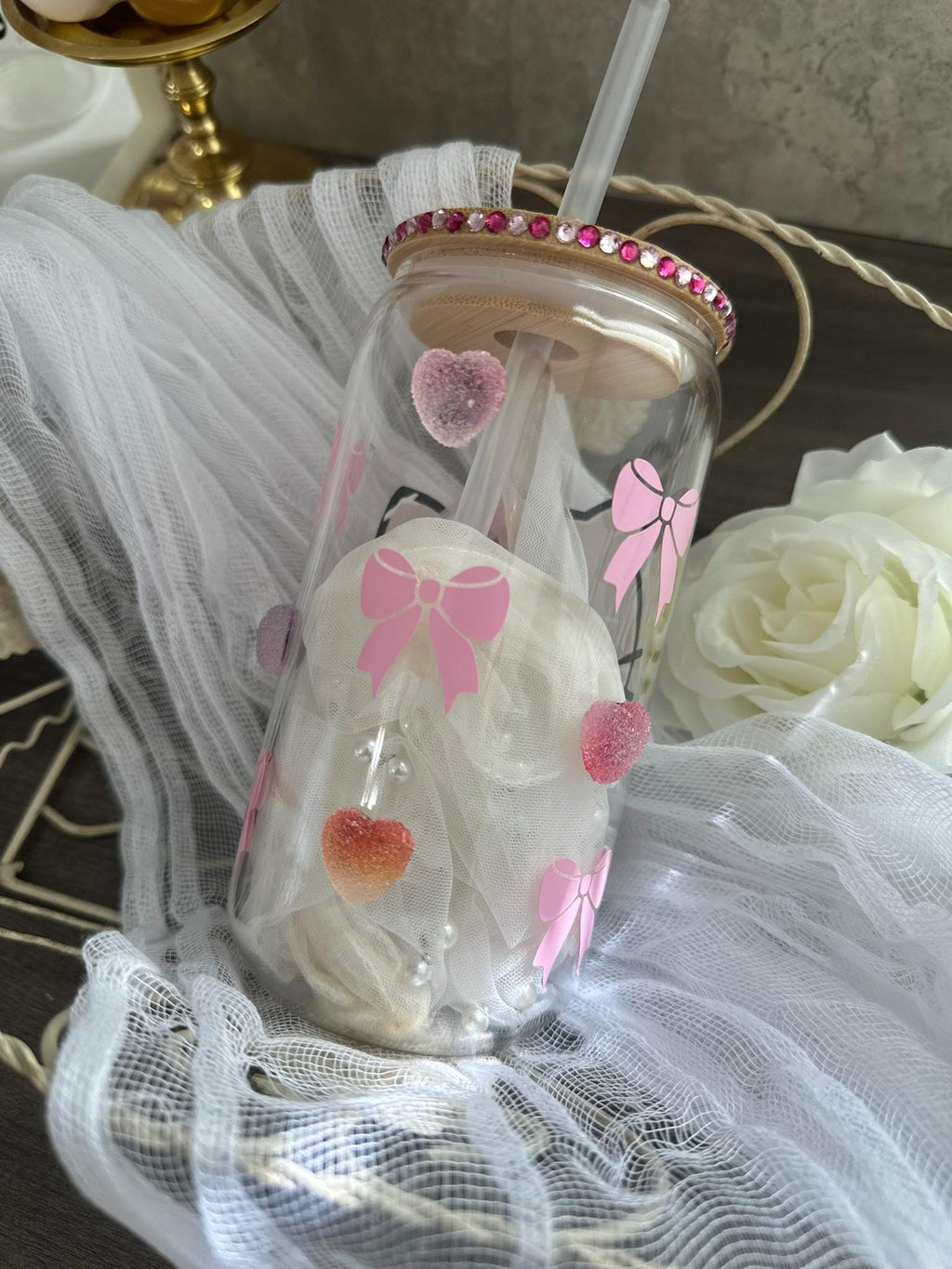 Peek-A-Boo Kitty Glass Cup – Rhinestone Lid | 16oz Coquette Tumbler with Straw