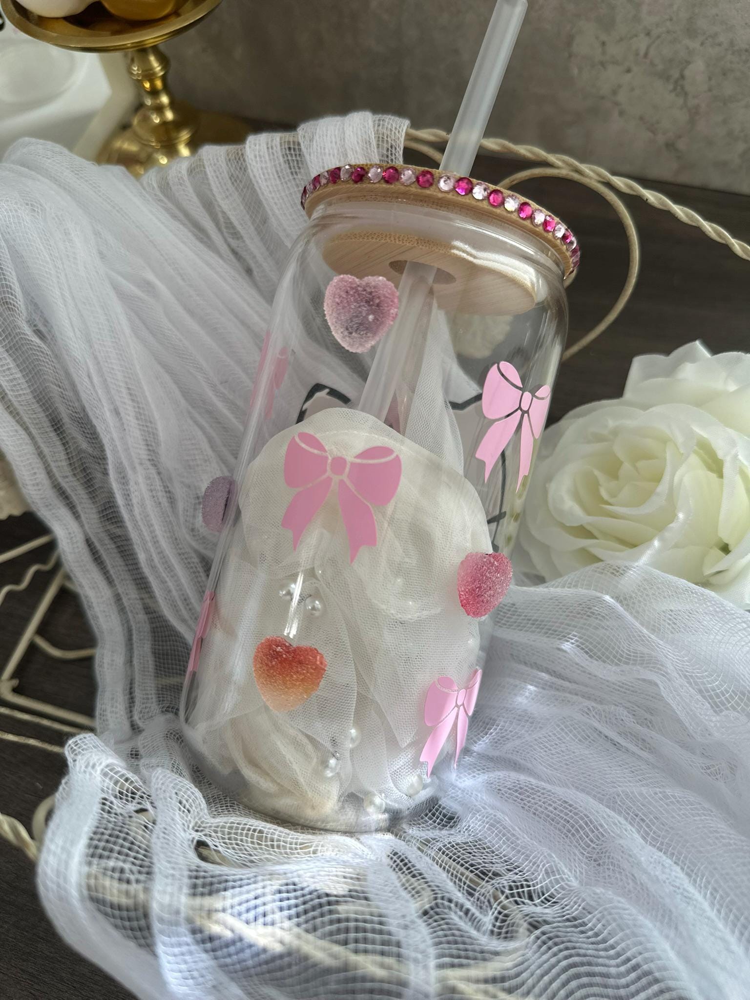 Peek-A-Boo Kitty Glass Cup – Rhinestone Lid | 16oz Coquette Tumbler with Straw