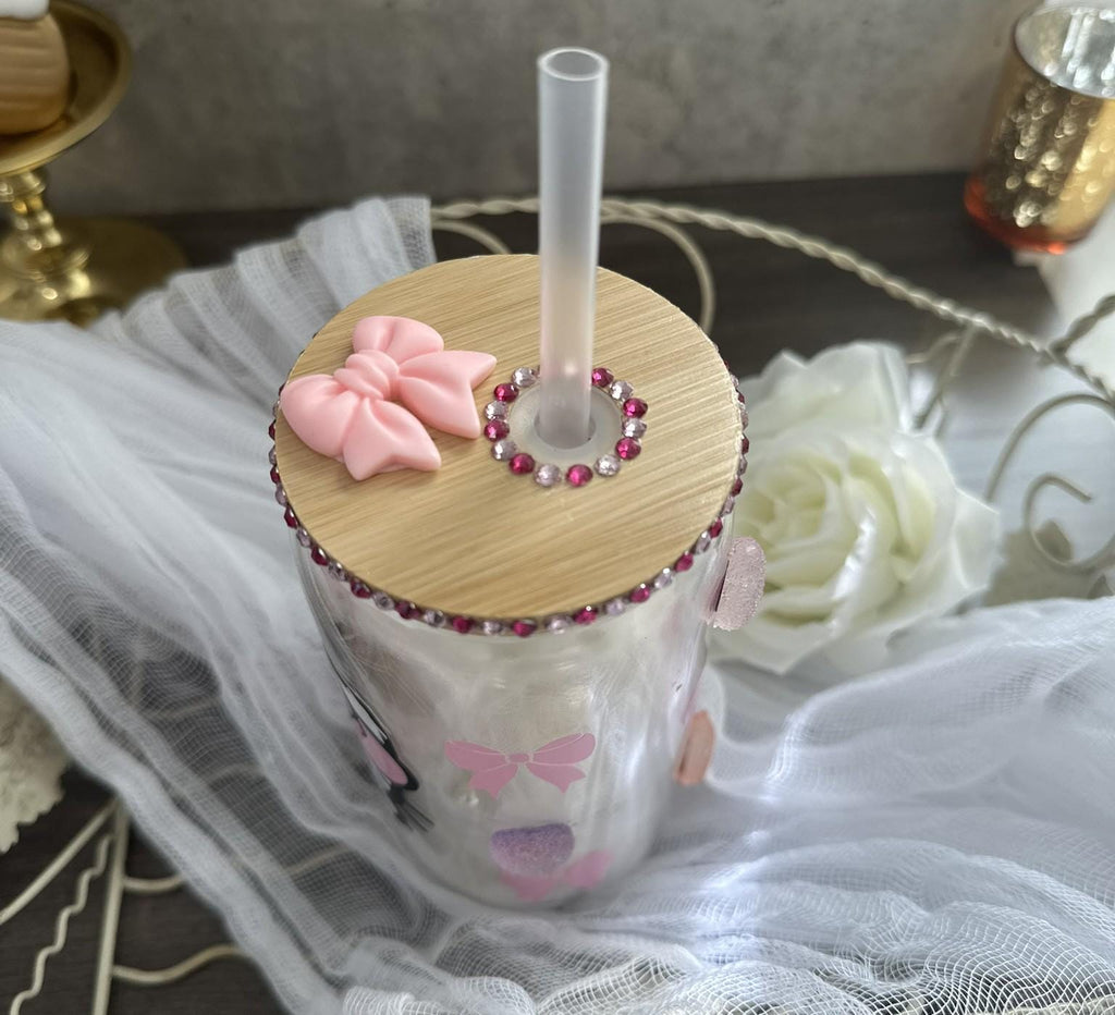 Peek-A-Boo Kitty Glass Cup – Rhinestone Lid | 16oz Coquette Tumbler with Straw