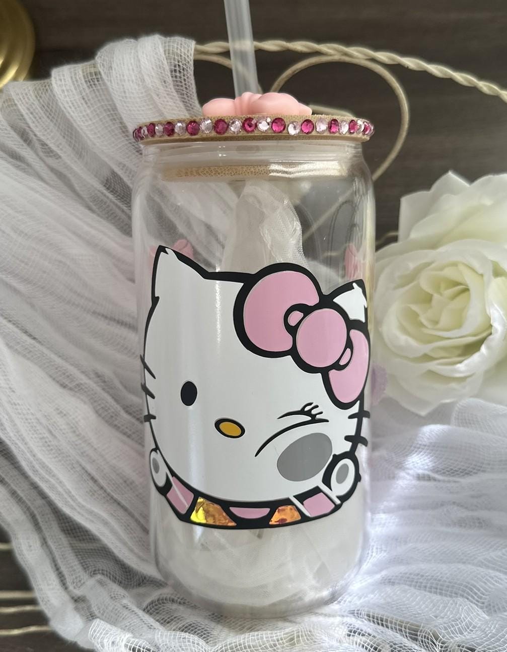 Peek-A-Boo Kitty Glass Cup – Rhinestone Lid | 16oz Coquette Tumbler with Straw