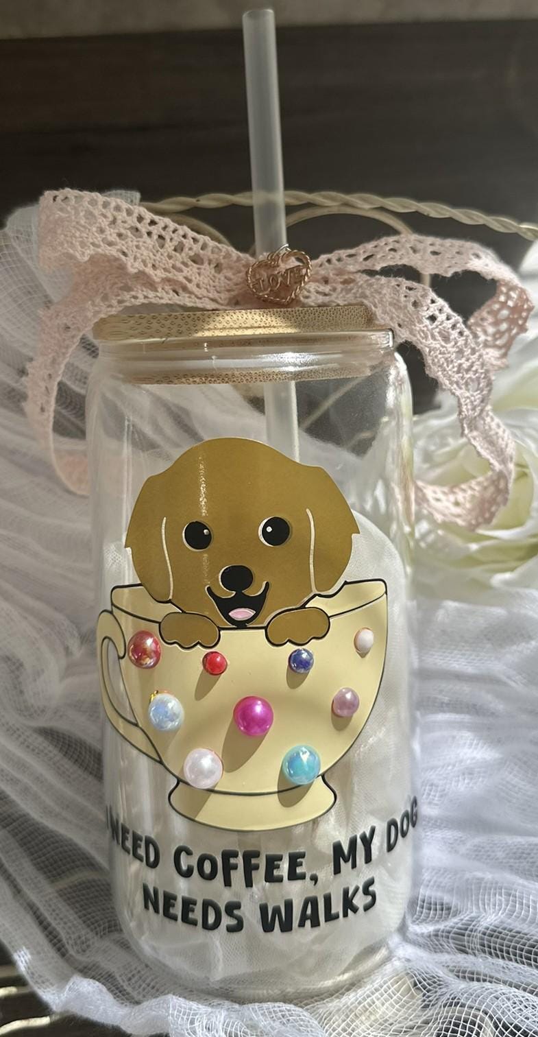 Dog Mom Glass Iced Coffee Cup: Pearl Teacup, Rhinestone Lid