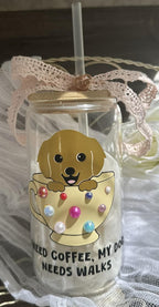 Dog Mom Glass Iced Coffee Cup: Pearl Teacup, Rhinestone Lid