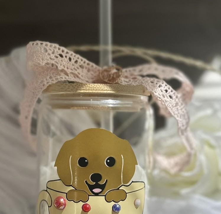Dog Mom Glass Iced Coffee Cup: Pearl Teacup, Rhinestone Lid