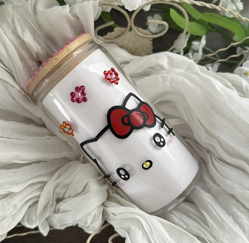 Kawaii Kitty Glass Iced Coffee Cup: Rhinestone Bamboo Lid, Gummy Charms (16oz)