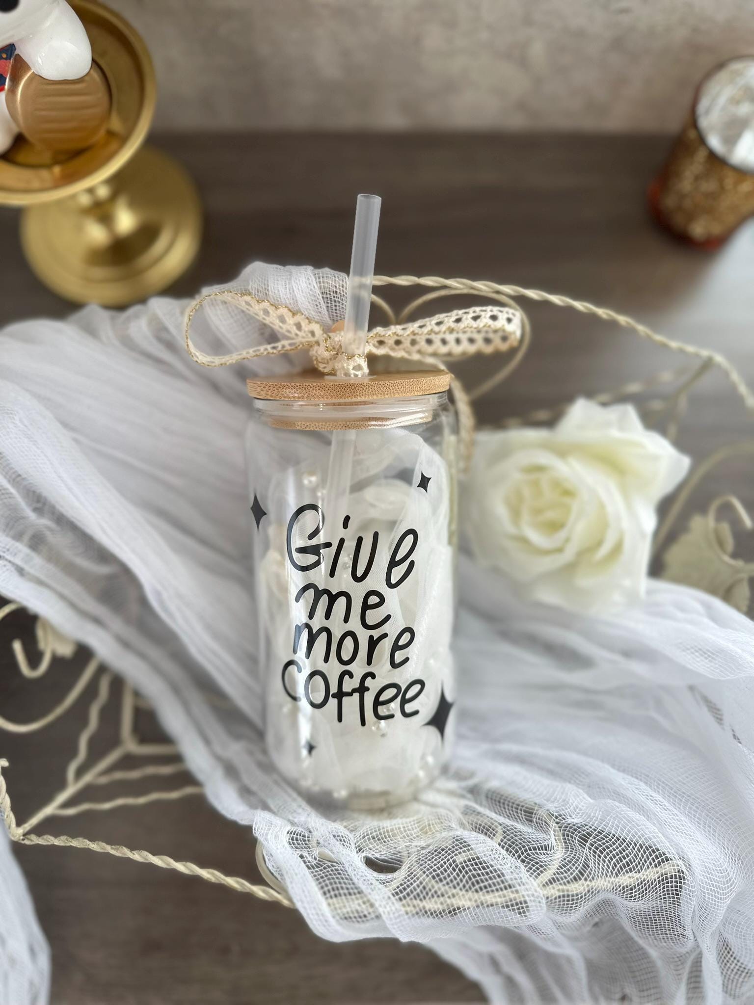 Coffee Cat Glass Tumbler: 16oz Reusable Cup with Bamboo Lid & Straw