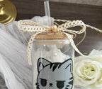 Coffee Cat Glass Tumbler: 16oz Reusable Cup with Bamboo Lid & Straw