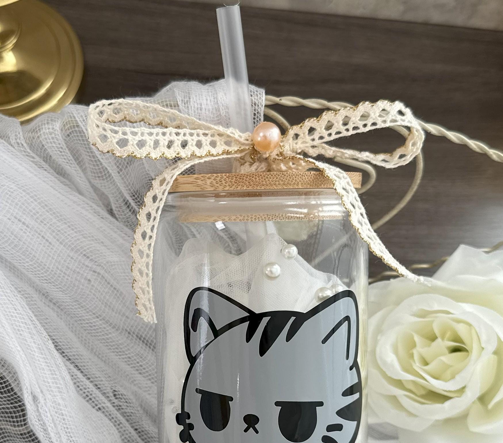 Coffee Cat Glass Tumbler: 16oz Reusable Cup with Bamboo Lid & Straw
