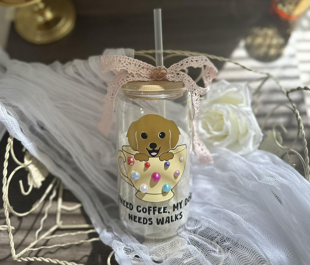Dog Mom Glass Iced Coffee Cup: Pearl Teacup, Rhinestone Lid
