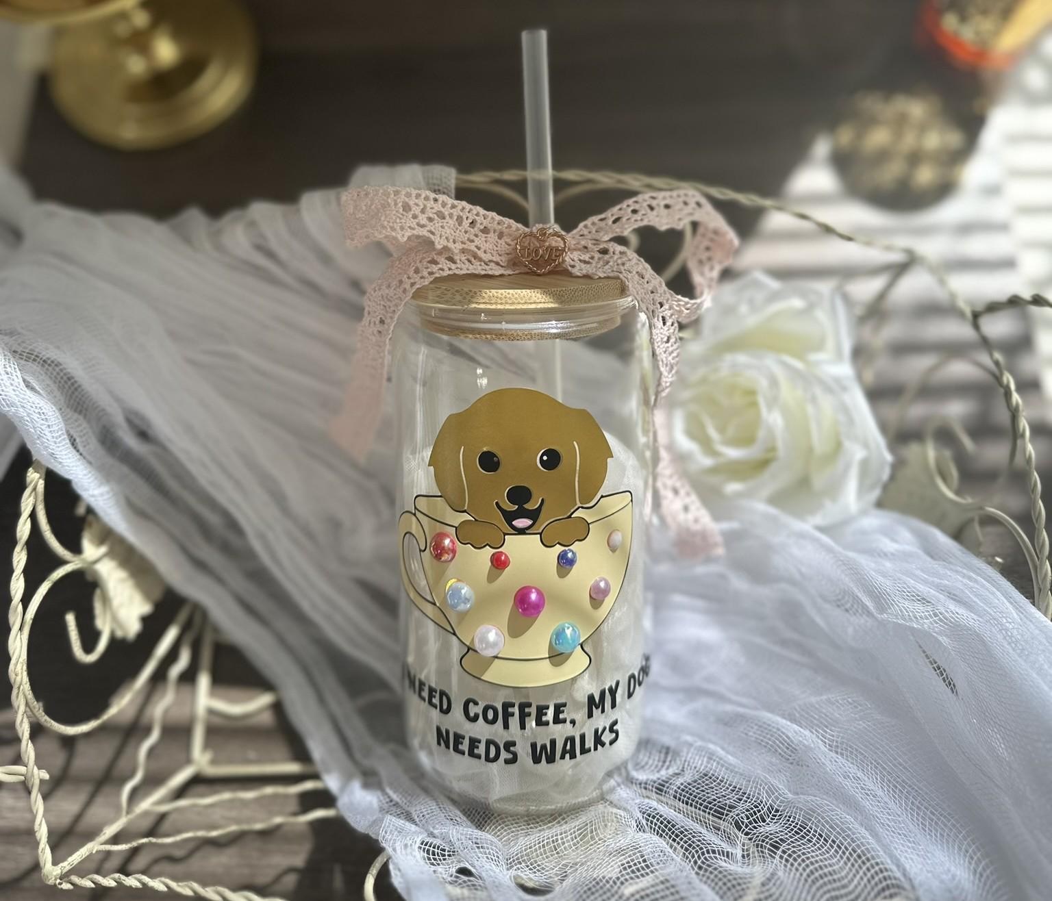 Dog Mom Glass Iced Coffee Cup: Pearl Teacup, Rhinestone Lid