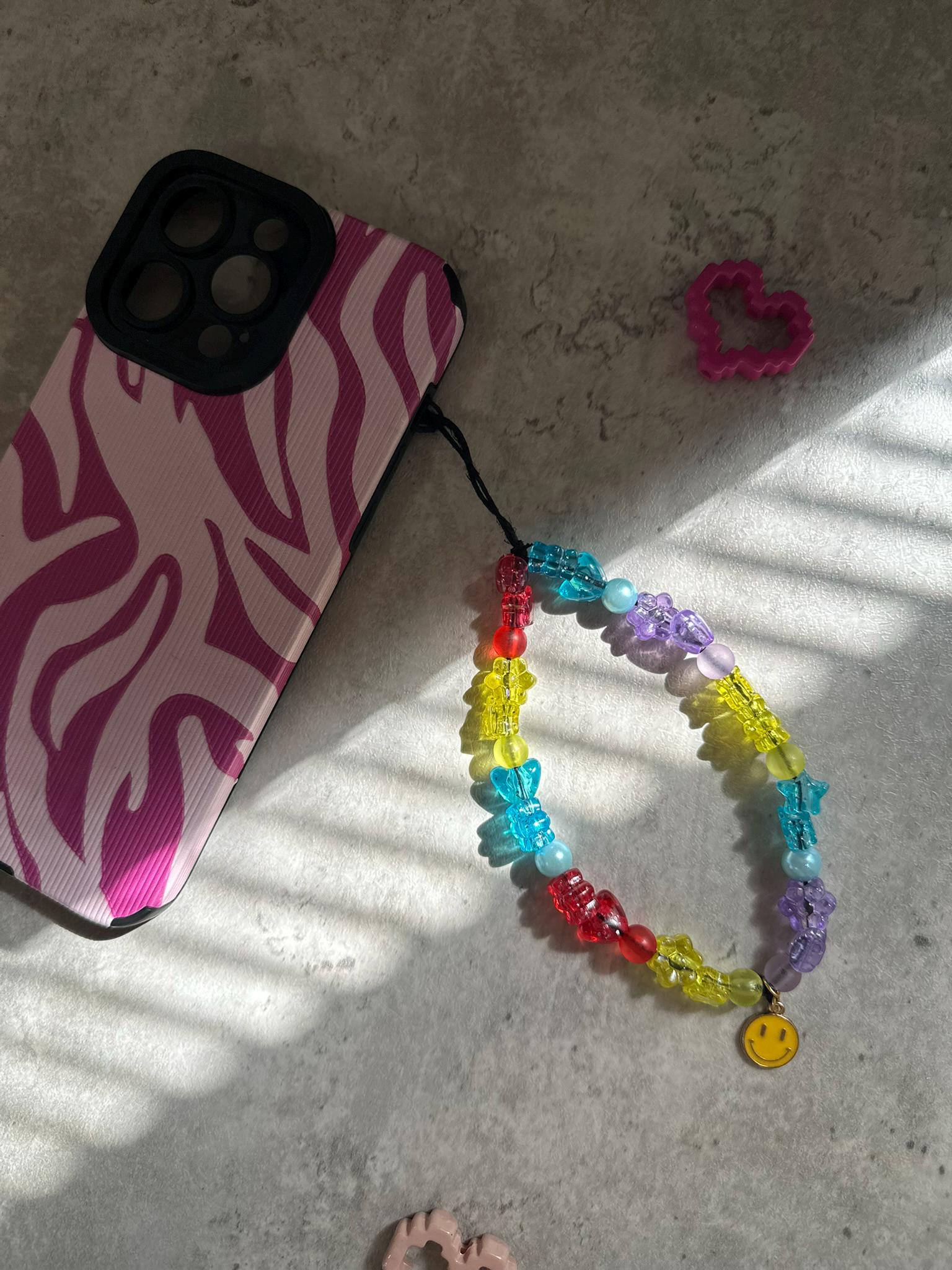 Rainbow Beaded Phone Charm: Smiley Face Y2K Strap