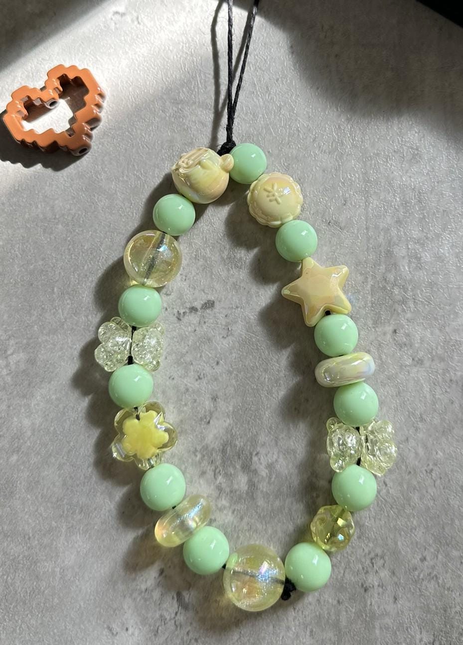 Green Beaded Phone Charm: Handmade Pastel Star Strap