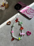 Sweet Candy Phone Charm – Strawberry Bead Wrist Strap, Pastel Heart & Bow, Pearlcore Phone Accessory