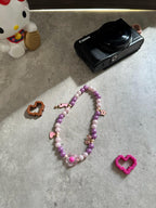 Purple Beaded Phone Charm: Handmade Kawaii Wrist Strap with Flower