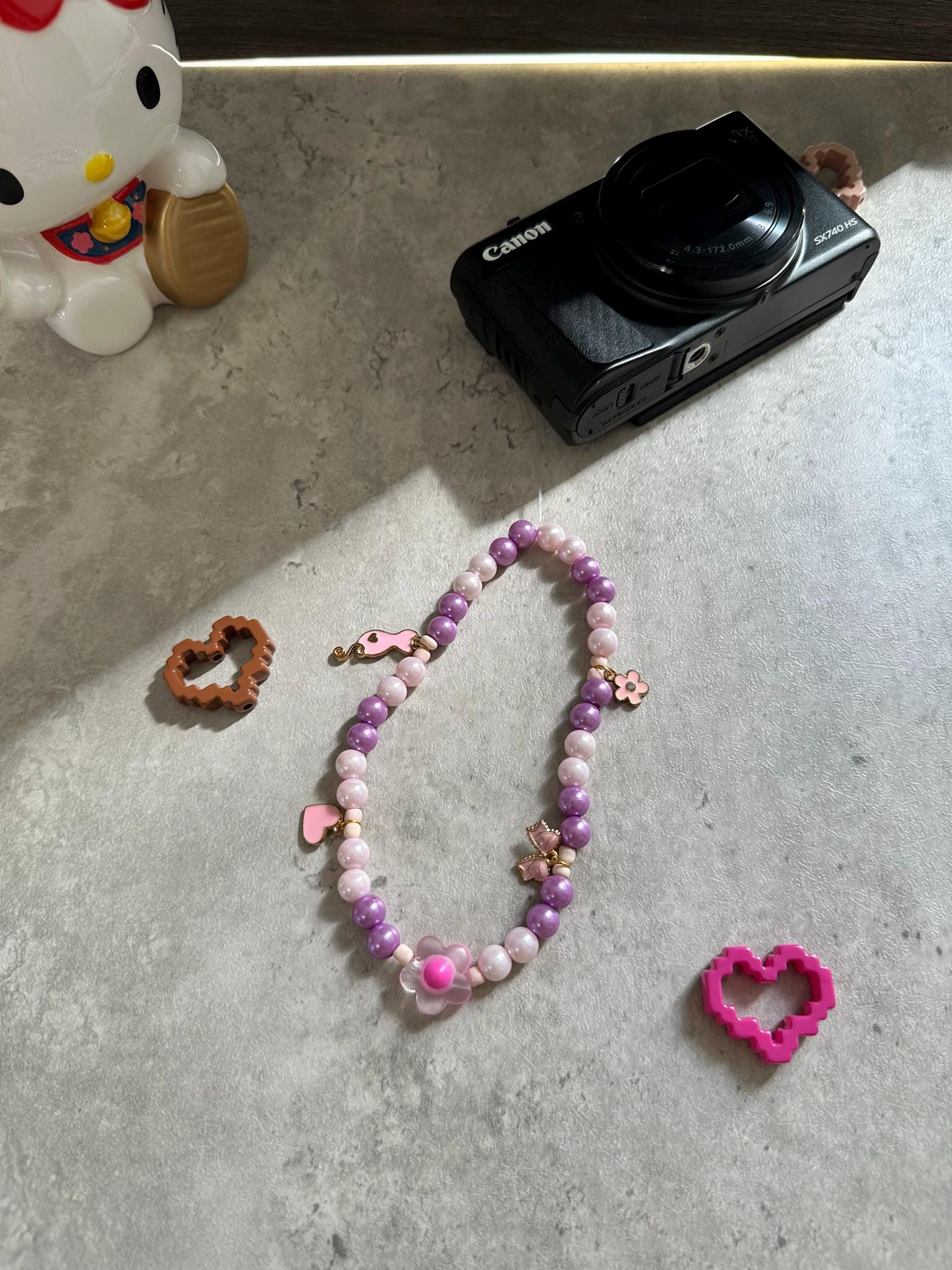 Purple Beaded Phone Charm: Handmade Kawaii Wrist Strap with Flower