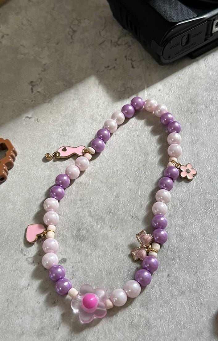 Purple Beaded Phone Charm: Handmade Kawaii Wrist Strap with Flower