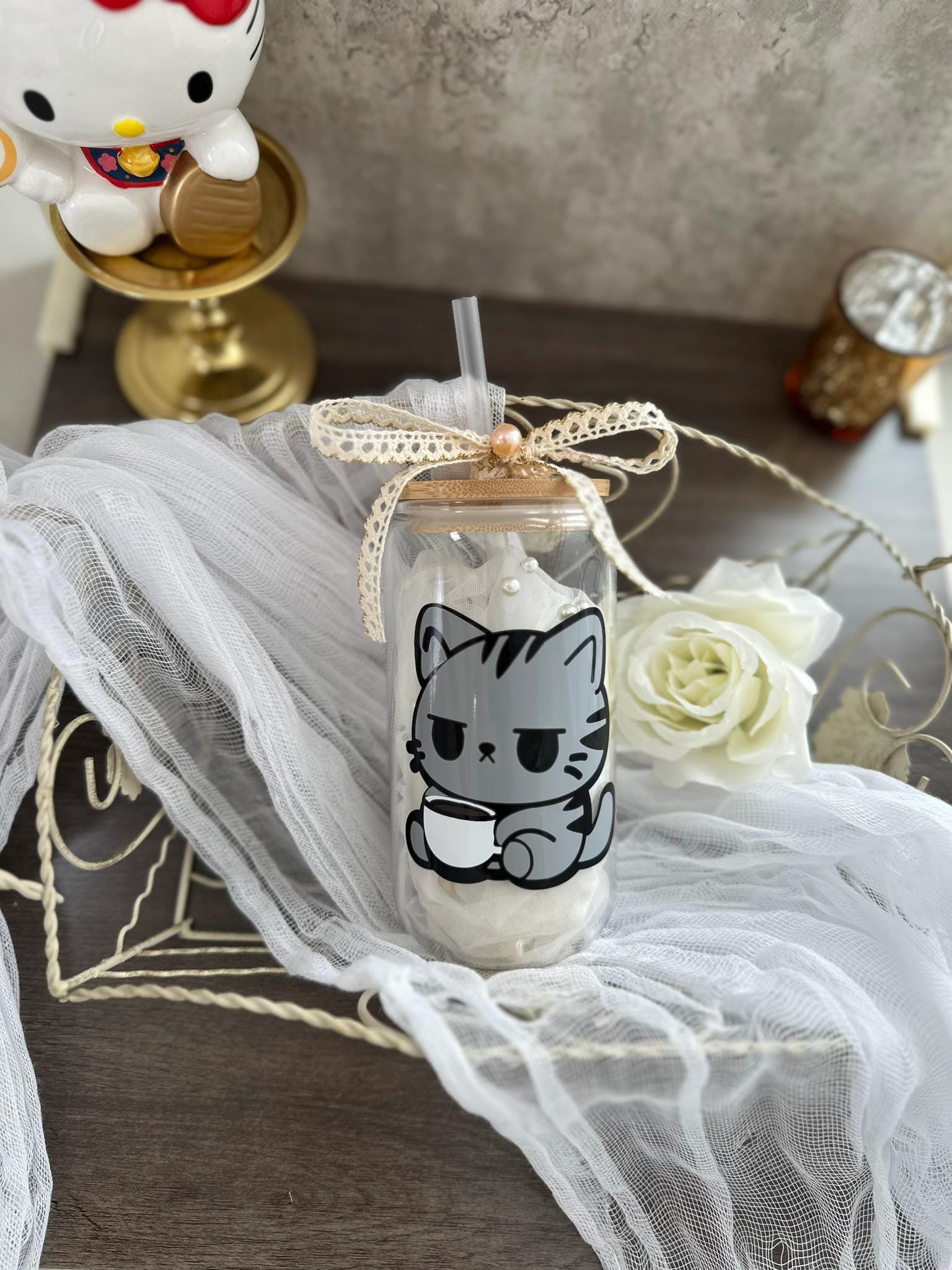 Coffee Cat Glass Tumbler: 16oz Reusable Cup with Bamboo Lid & Straw