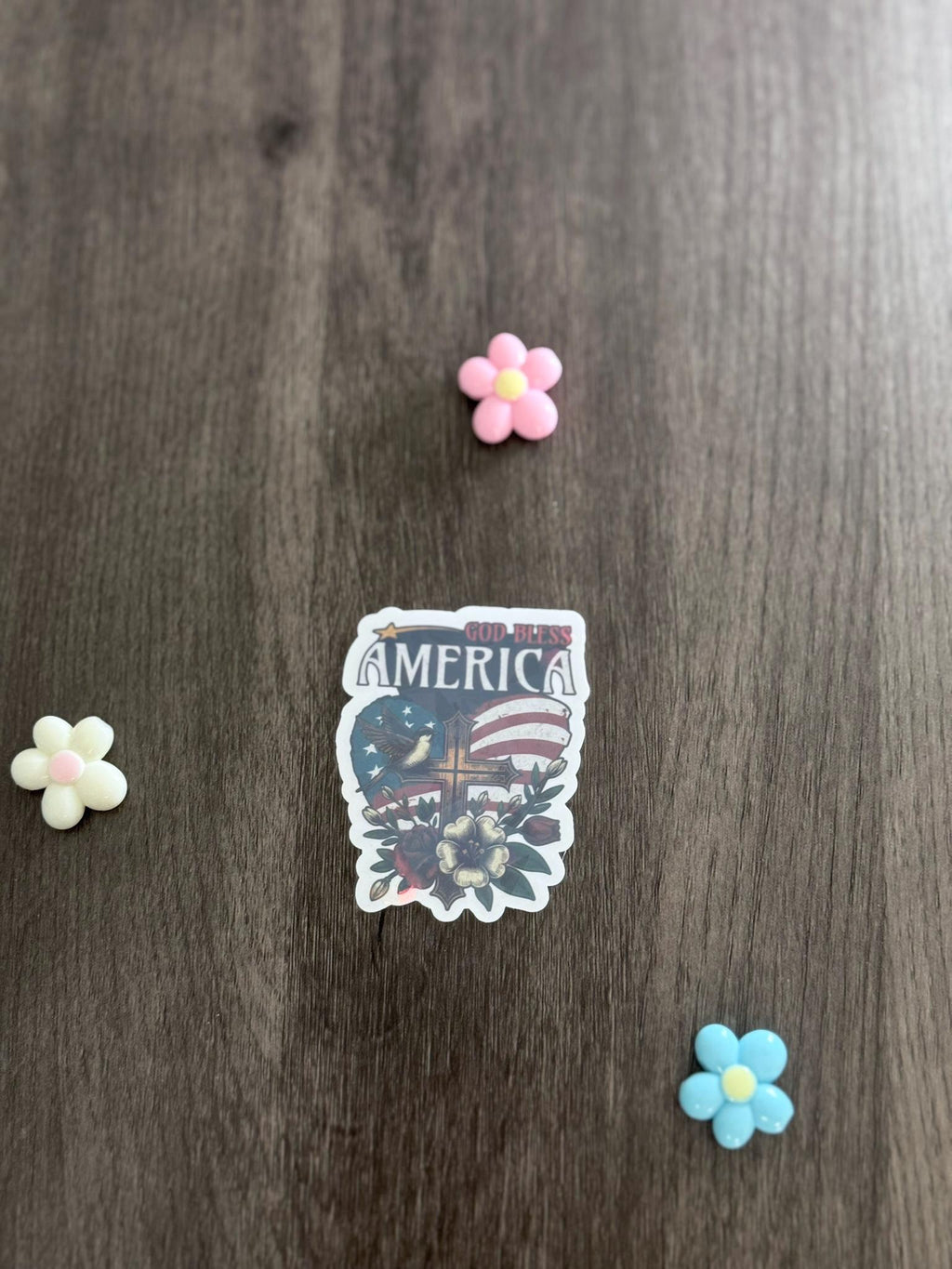 Vinyl Sticker – “God Bless America” – Waterproof Glossy – Cross, Flag & Floral – Laptop/Water Bottle