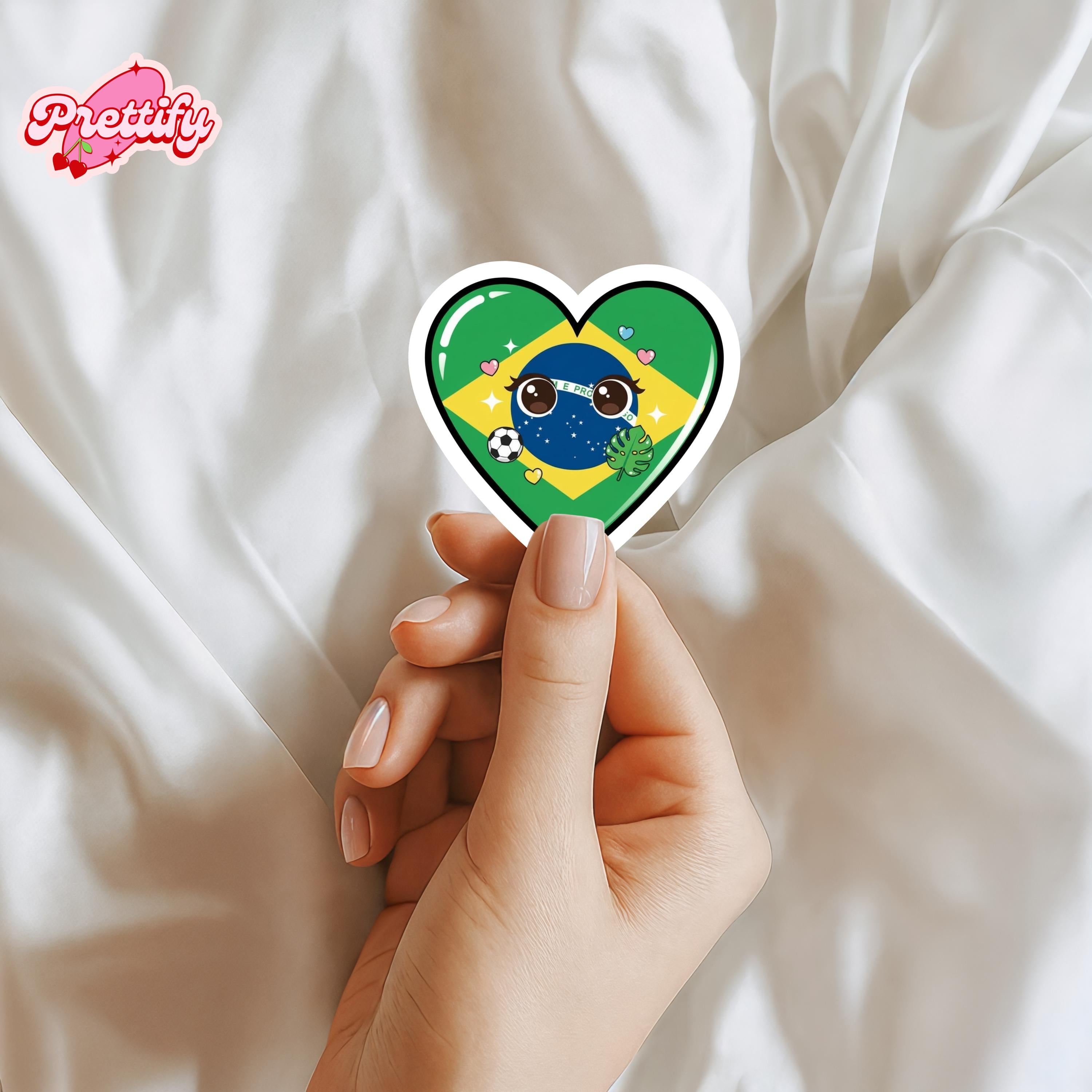 Kawaii Brazil Flag Heart Sticker | Brazilian Pride Vinyl Decal
