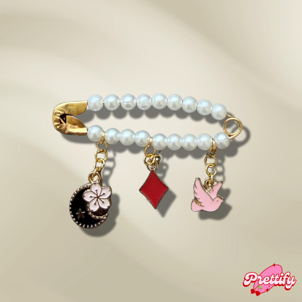 Large Pearl Safety Pin Brooch with Custom Charms | Handmade Beaded Pin | Bag Charm | Jacket Pin | Gift for Her