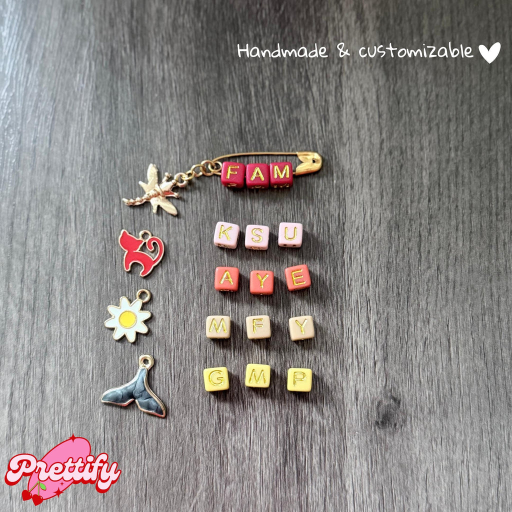 Personalized Safety Pin Brooch with Charm | Custom Letter Bead Accessory