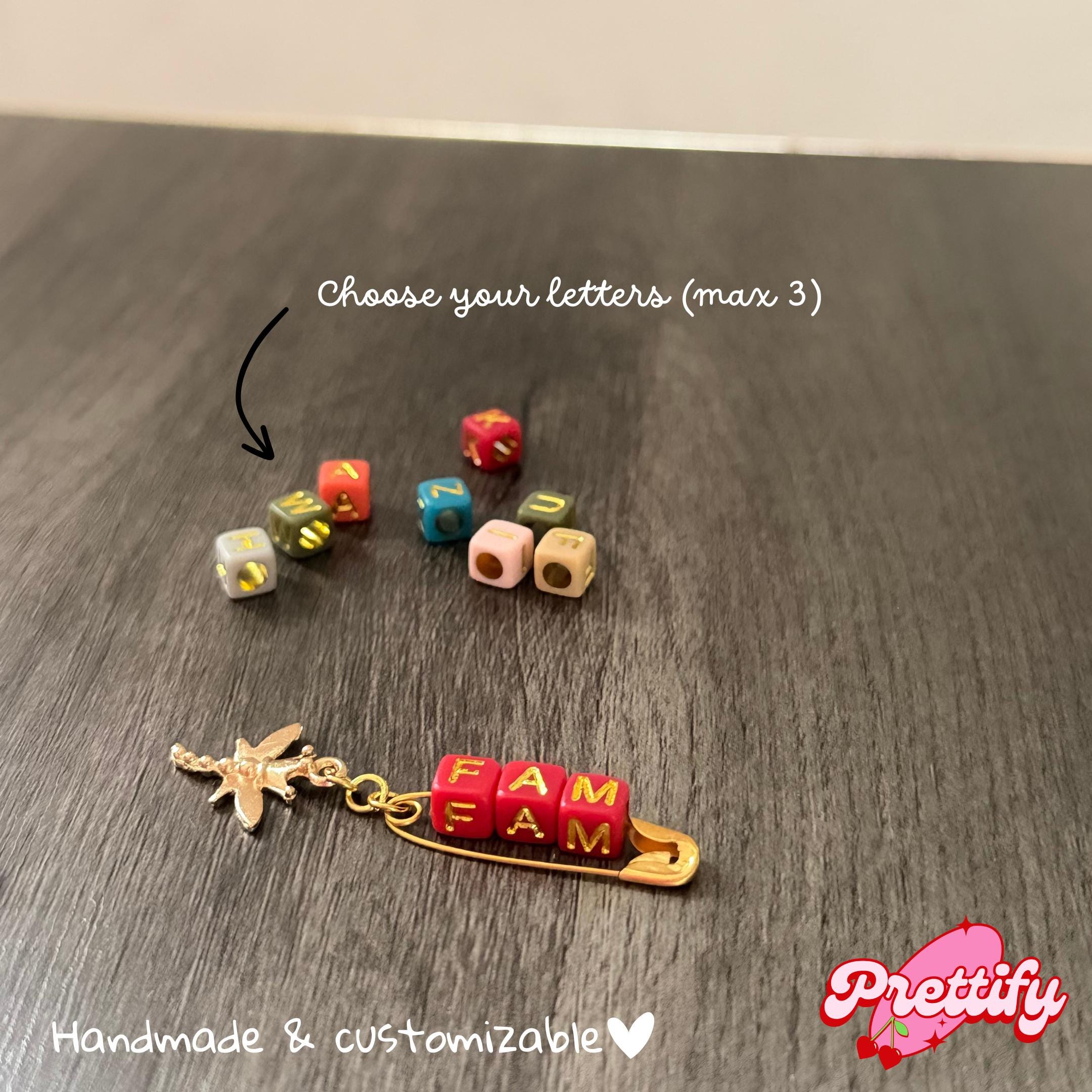 Personalized Safety Pin Brooch with Charm | Custom Letter Bead Accessory