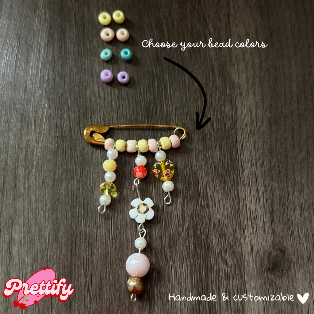 Pastel Beaded Safety Pin Brooch | Handmade Charm Accessory for Jackets, Bags