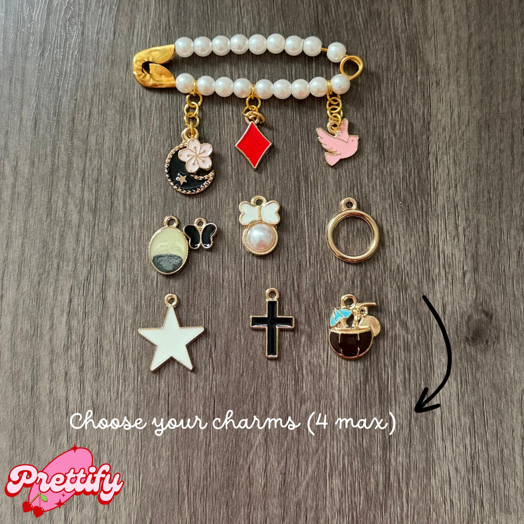 Large Pearl Safety Pin Brooch with Custom Charms | Handmade Beaded Pin | Bag Charm | Jacket Pin | Gift for Her