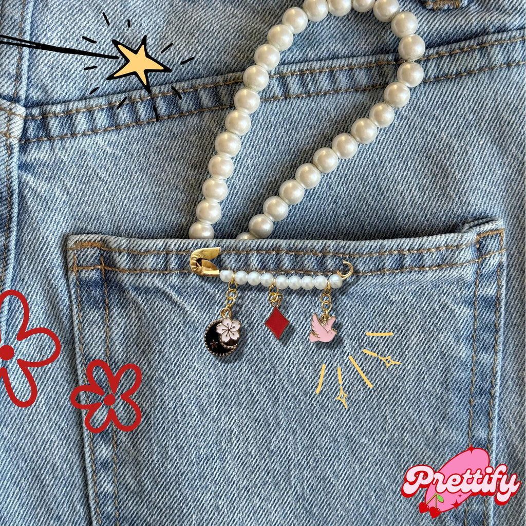 Large Pearl Safety Pin Brooch with Custom Charms | Handmade Beaded Pin | Bag Charm | Jacket Pin | Gift for Her